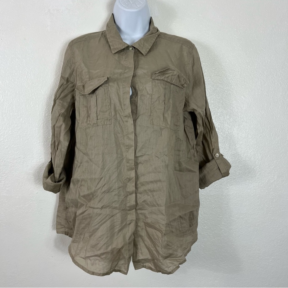 J. Jill khaki button up shirt roll sleeves mother of pearl buttons medium petite